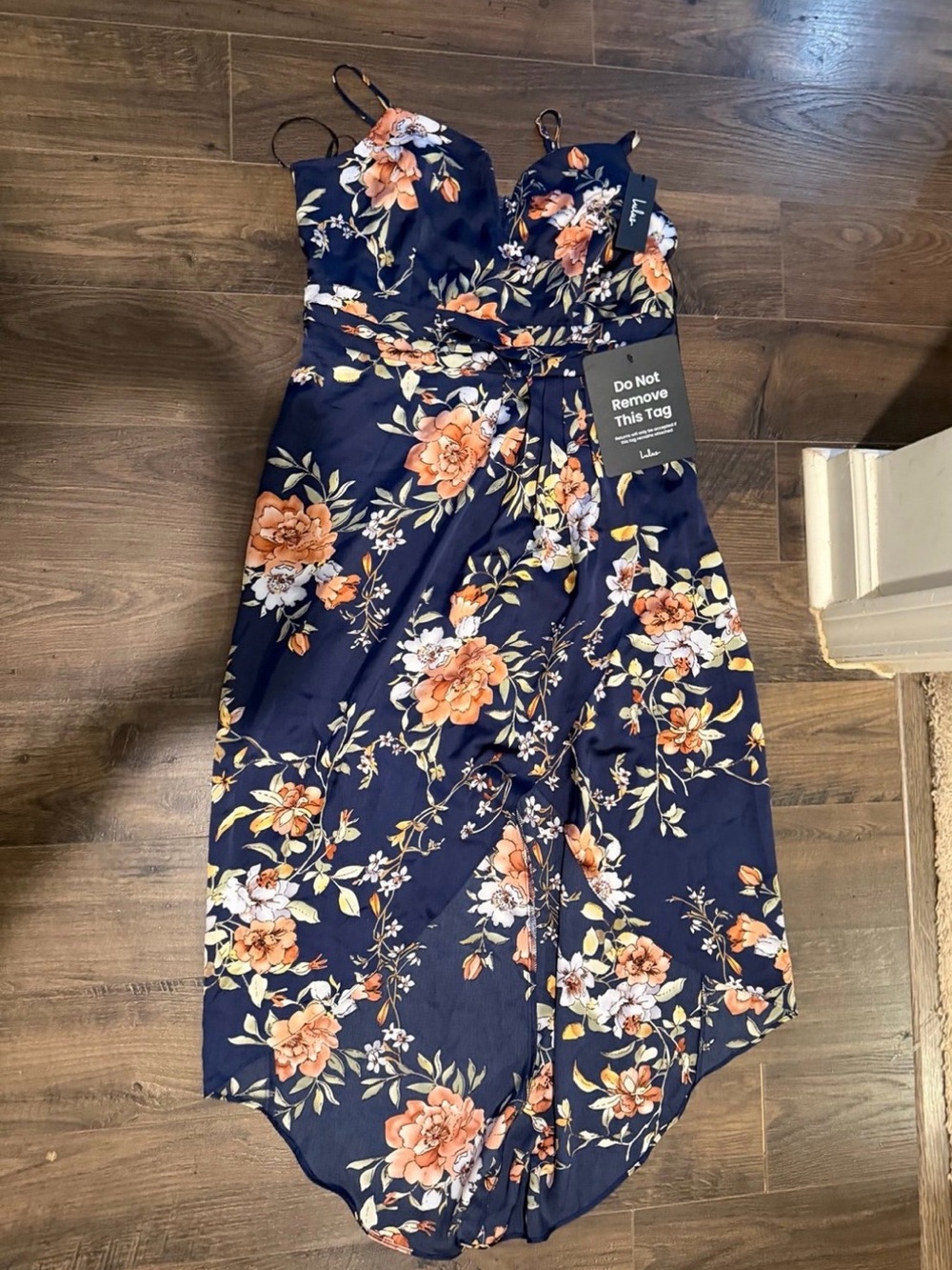 Lulu's Navy High-Low Floral Wrap Dress with Orange Blooms
